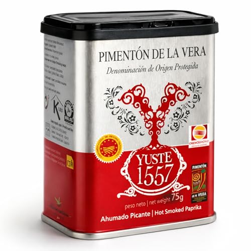 Pimentón de la Vera Ahumado Picante, Denominación Origen Protegida, Pimentón Yuste 1557, Producido en Extremadura, Ideal para guisos, carnes, salsas, embutidos y platos tradicionales, 1 bote de 75 gr