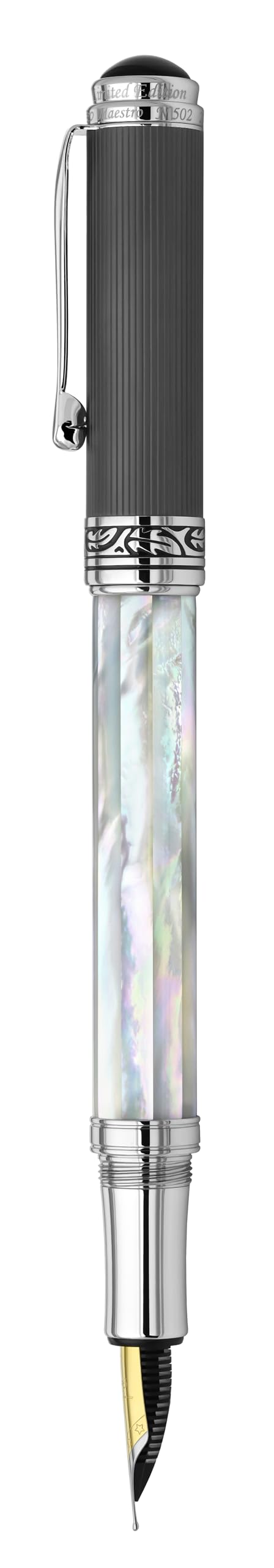 Xezo Pluma estilográfica Maestro, plumín medio. Nácar blanco iridiscente del océano con revestimiento de carbono tipo diamante PVD. Numerada, cada pluma es única