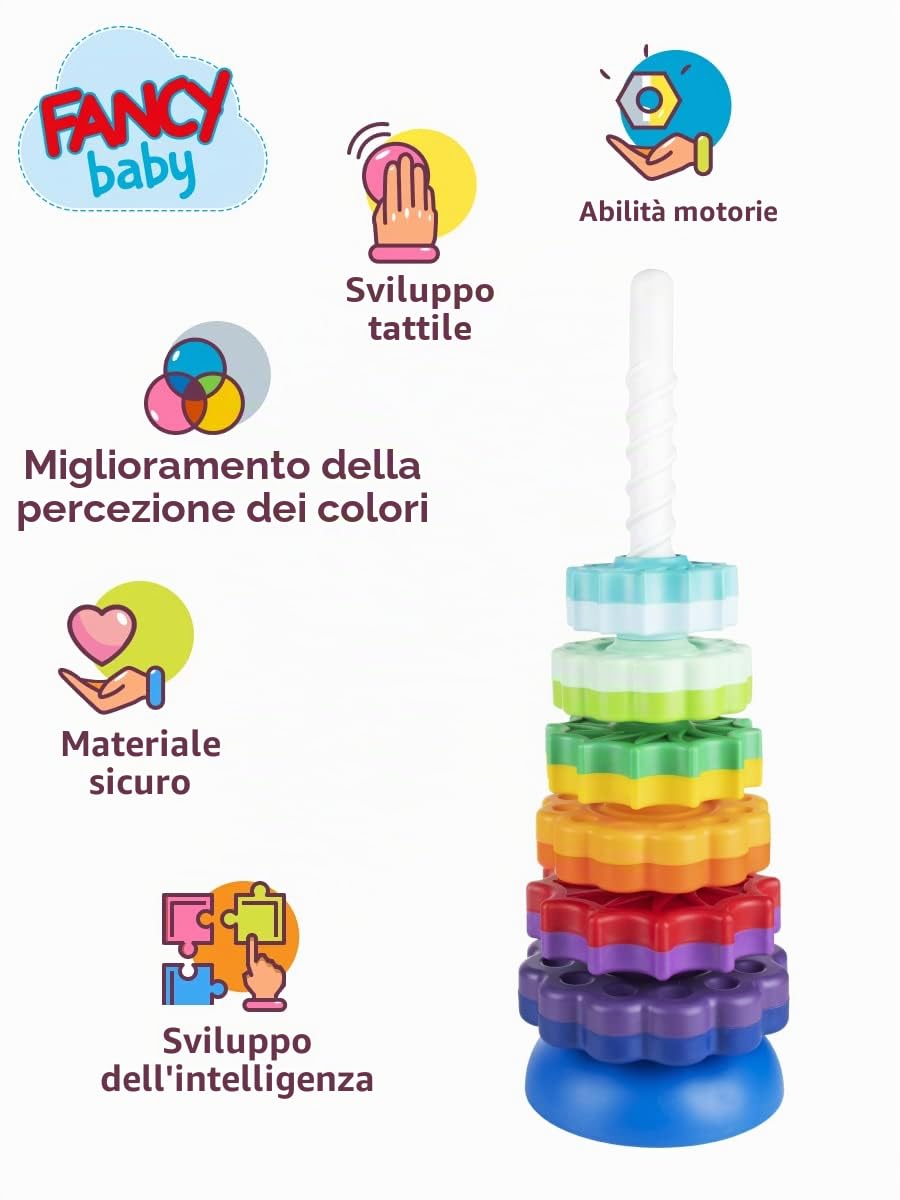 FANCY BABY Torre Impilabile a Spirale 40 cm, Gioco Montessori per Bambini 1+ Anno, Sviluppo Motricità Fine e Logica, Regalo per Bimbo di 1 Anno