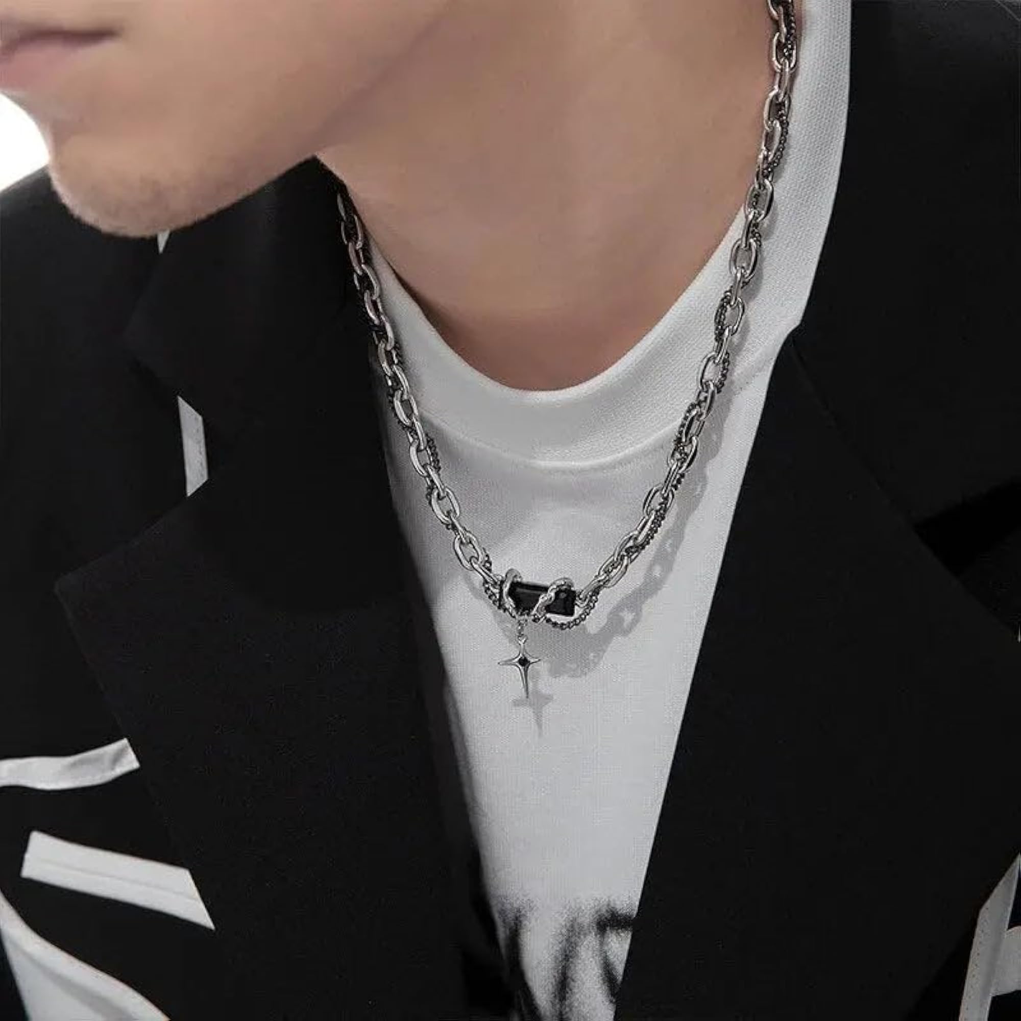 Pack of 2 Rugged Black Modern Chain Necklaces for Men