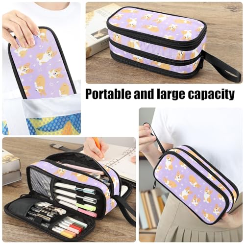 Image of Fustylead Smiling Cute Corgi Pet Dog Pen Pencil Case Makeup Pouch Big Capacity Multi-Purpose Travel Bag Office Organizer with Zipper