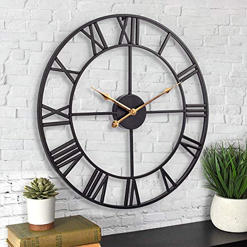 24 Inch Large Wall Clock, Silent Non Ticking Battery Operated Industrial Wall Clock With Roman Numerals, Vintage Metal Round Decorative Indoor Outdoor Clock For Living Room, Kitchen, Patio - Black #TOP4