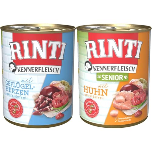 RINTI Kennerfleisch mit Geflügelherzen 12 x 800 g & Kennerfleisch Senior + Huhn 12 x 800 g