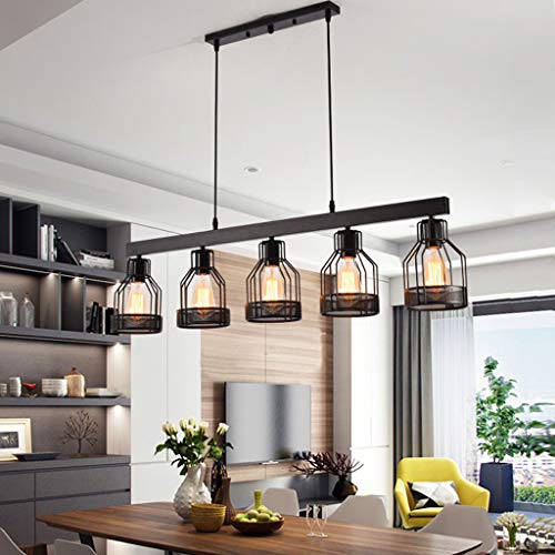 Suspension luminaire industrielle noire 5 têtes cage métal E27 hauteur réglable pour salon