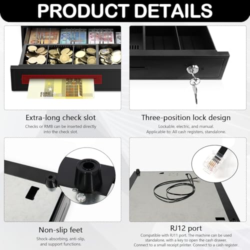 Kassenschublade, 37 x 33,5 x 8 cm Kassenlade Elektrisch mit 5 Münzfächer und 4 Scheinfächer, Kassenbox mit RJ12-Schnittstelle und Automatisches und Manuelles Öffnen für Privaten und Gewerblichen