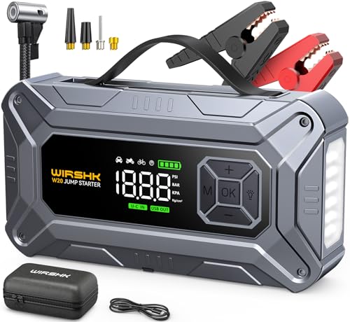 WIRSHK Arrancador de Coche con Compresor de Aire, 8000A 160PSI Arrancador Portátil para Baterías (8.0L Gasolina/10L Diésel), Batería Externa 12V con Cables de Arranque, Pantalla LCD, 2 LED
