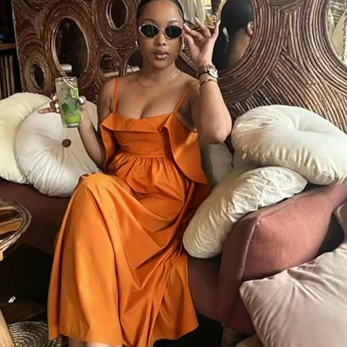 Image of YUEWOO Midi Dresses for Women Casual Summer Sundresses Vacation Outfits Spaghetti Strap Smocked Women Maxi Dress with Pockets