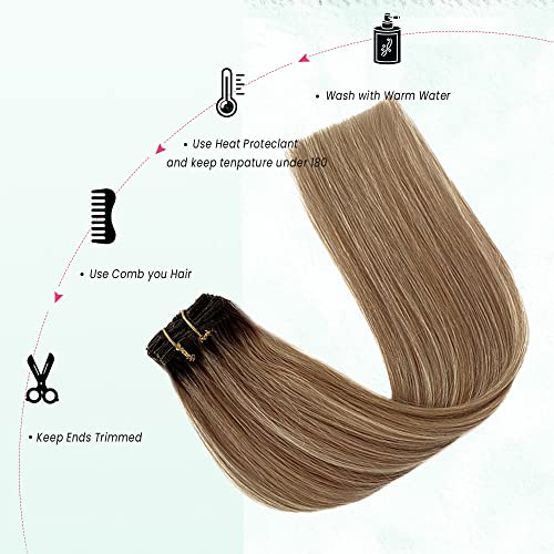 Image of Clip in Hair Extensions Real Human Hair, Medium Brown Roots Human Hair Clip in Extensions 7 Pcs 70g Golden Brown Mixed 613 Blonde Highlights Human Hair Extensions Clip ins 12 Inch, #4T12P613