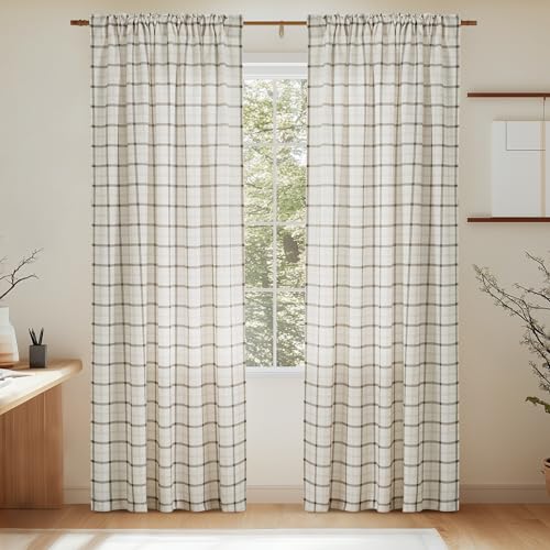 NICETOWN Plaid Window Curtain, Linen Sheer Curtains 84 inches Long for Living Room and Bedroom Drape with Rod Pocket Back Tab, Farmhouse Shade, 52" x 84", White, 1 Pair by NICETOWN - Used condition - Image 8