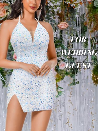 Image of ShawGobow Sexy Sequin Dress for Women,Sparkly Glitter Velvet Mini Prom Dresses,Plunge Backless Club Outfit Cocktail Party