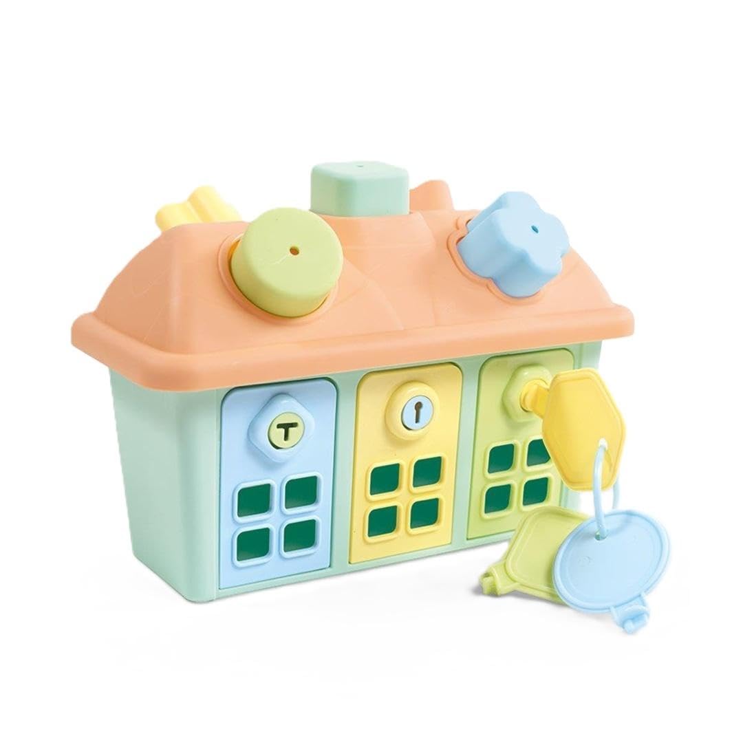 DOLU  Shape Sorter Happy House - Kids PlayHouse with Lockable Doors and Keys, Baby Activity Toy Shape Sorter For Children From 12 Months, 5 Shapes