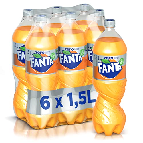 Fanta Sin azúcar añadido – 6 botellas de 1,5 l, con zumo de naranjas italianas, sin adición de conservantes, botella PET 100% reciclable, sabor refrescante, bebida alcohólica chispeante