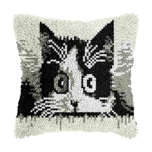 Image of bositigo Cat Latch Hook Pillow Kit for Adults & Kids, DIY Pre-Printed Canvas Craft, 17x17 Inch Decorative Cover for Sofa Cushions, Bedroom Decor (Cat Pattern 54)