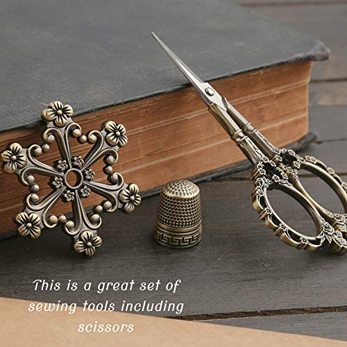 3 Pairs Vintage European Style Stainless Steel Precision Scissors, Thimble And Metal Floss Bobbin, Complete Vintage Sewing Tools For Embroidery, Sewing, Craft, Art Work, Cutting(Bronze） #TOP2