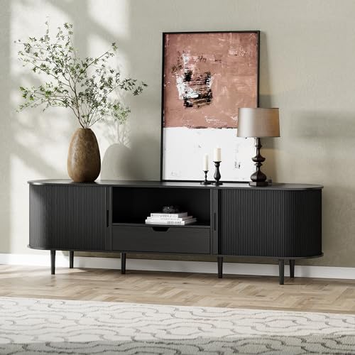 Image of DHH 71 inch Fluted TV Stand with Power Outlet for TVs up to 80 inch, TV Console with Adjustable Shelves and Sliding Door,Mid Century Modern Entertainment Center for Living Room,Bedroom(Black)