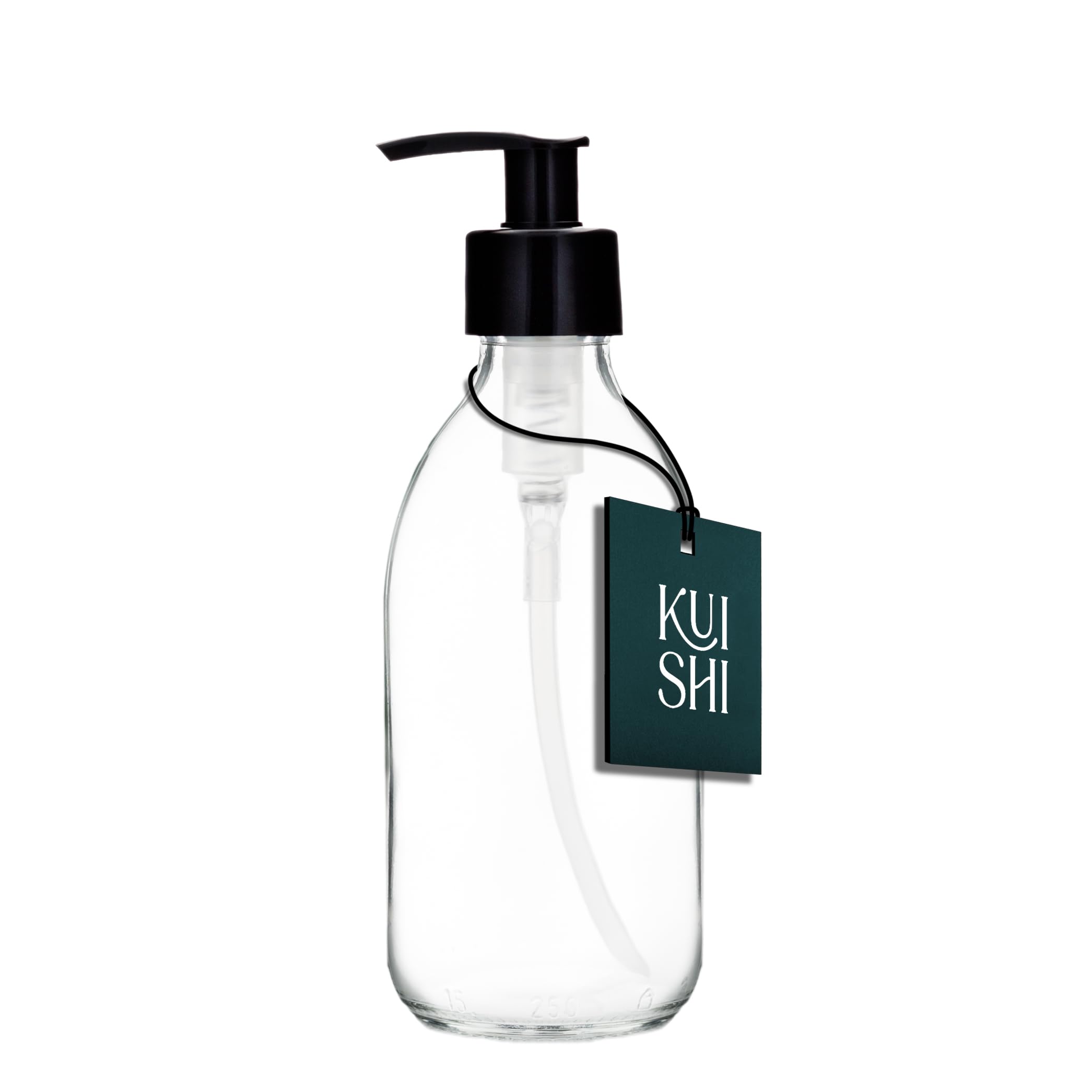 Kuishi 250ml Glass Soap Dispenser with Black Plastic Pump - Pack of 1 Refillable BPA-Free Hand Soap Dispenser for Kitchen & Bathroom, Clear
