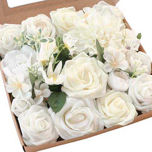 Floroom Ivory White Artificial Flowers Fake Roses Peonies Dahlia and
