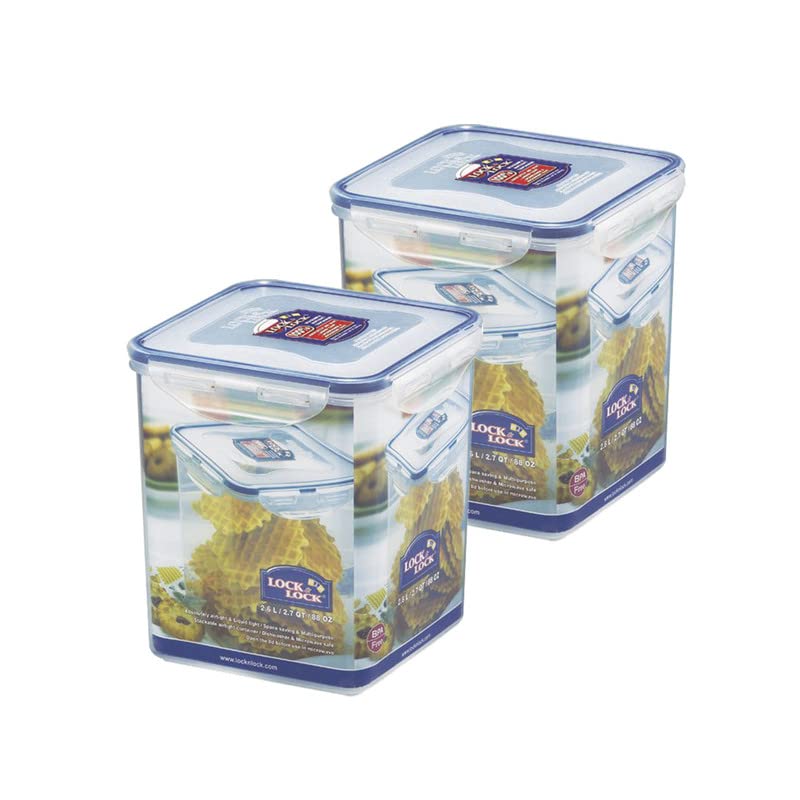 Image of LocknLock Classic Tall Square Plastic Airtight Food Storage Container with Leak Proof Lid, 2.6 Liter, Transparent, Set of 2 (HPL822B x 2)
