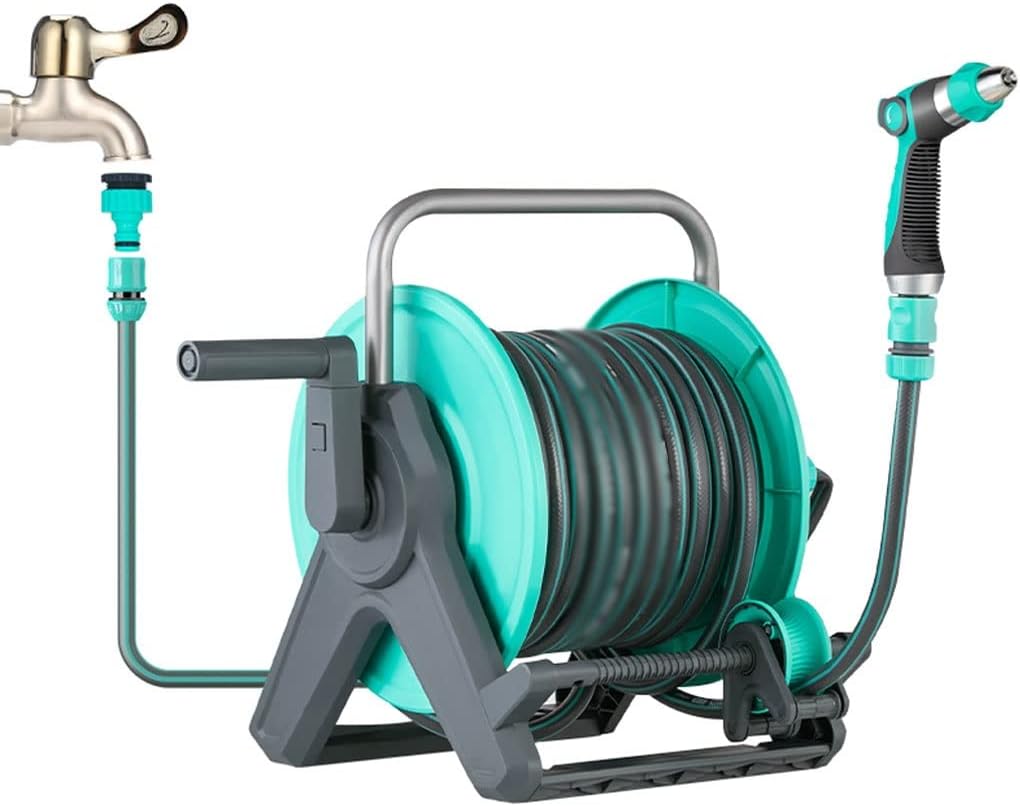 Hose Reel Cart Hose Reels for Outside Wall Mounted Garden Hose Cart, Portable Floor Hose Reels, Water Pipe Organizer Guiding Device, for Car Wash (Blue Hose Cart+30m Pipe)