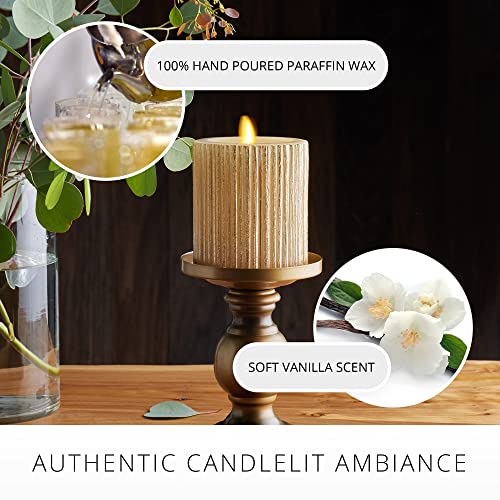 Image of Luminara Metallic Embossed Pillar, Champagne Flameless LED Candle 3.25 inch x 4.5 inch, Battery Operated Real Flame Technology w /Timer Function, Paraffin Wax (Pack of 2)