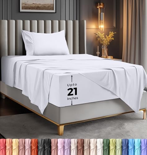 Utopia Bedding Parure de Lit Brodé, Draps de Lit, Polyester Microfibre, Drap Housse avec Poches de Rangement, Drap Plat et Taies d'oreiller Brodé