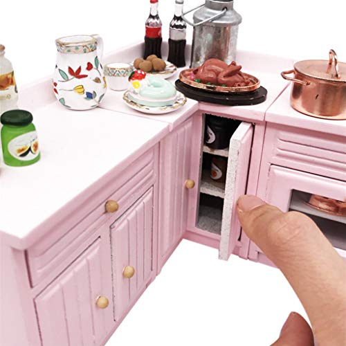 Sxfse Dollhouse Decoration Accessories,1:12 Dollhouse Miniature Furniture Wooden Kitchen Cabinet Set Freely Combined (Pink) #TOP5
