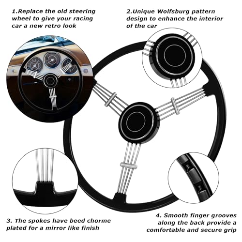 MOTAFAR 15-1/2 Inch Steering Wheel Retro Classic Style with Black Banjo Design, Compatible For Porsche 356 Speedster(Baking Varnish-black) - Image 4
