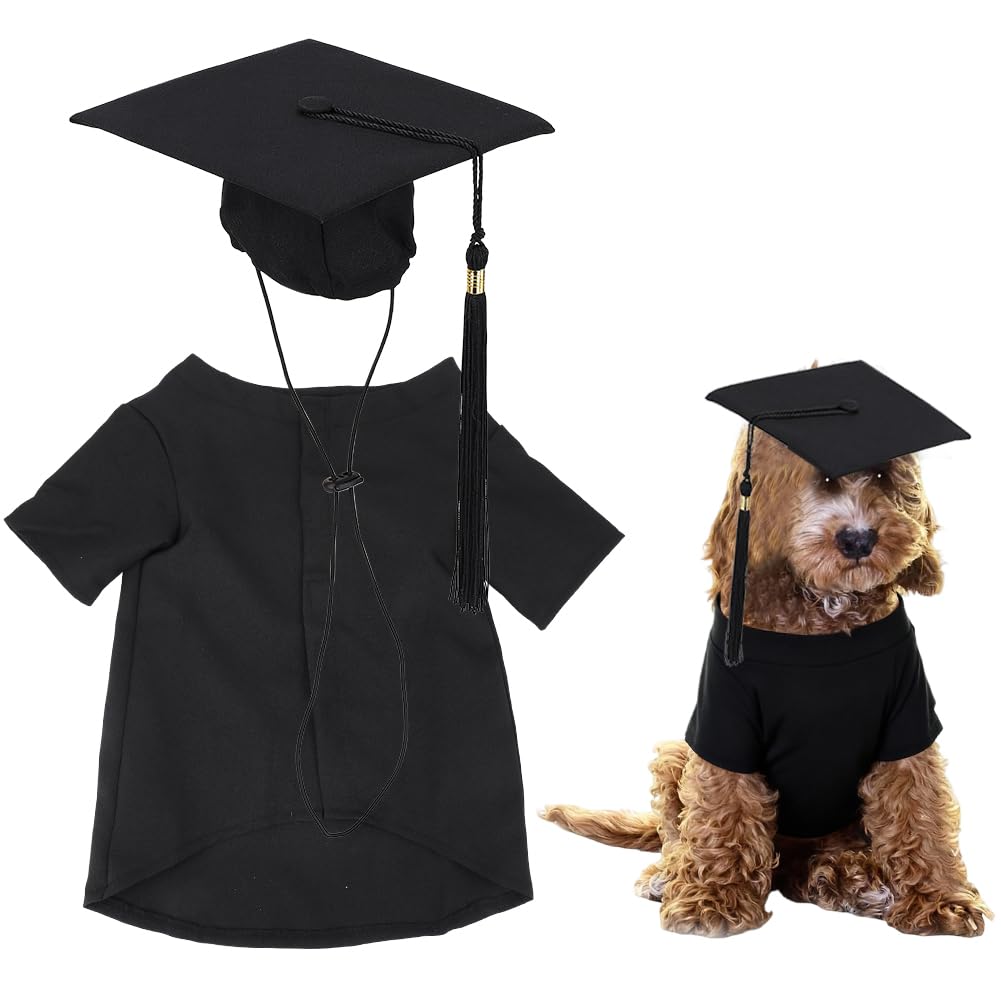 CREATCABIN Dog Graduation Cap and Gown Pet Graduation Costume Set with Adjustable Hat Black Tasselt Dog Outfit Cat Clothes Shirt for Puppy Party Pet Costume Attire Accessory 41x48.5cm