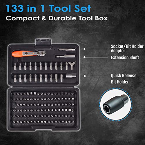 Image of GreaTalent 133in1 90 Degree Right Angle Mini Ratchet Screwdriver Bit Set | S2 Steel 1 /4 inch Hex Shank Magnetic Bit Holder, 36-Tooth Gear Wrench Handle for Tight Spaces