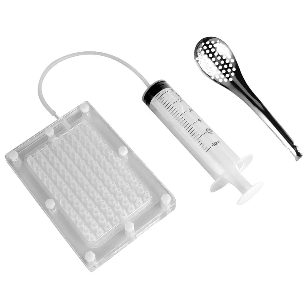 Kit Gastronomie Moléculaire – Acrylique 14x10cm | Boîte Fabricant De Caviar Avec Pipette | Distributeur De Sauce À 100 Trous Avec Cuillère Et Seringle Pour Cuisine Moléculaire Et Créative