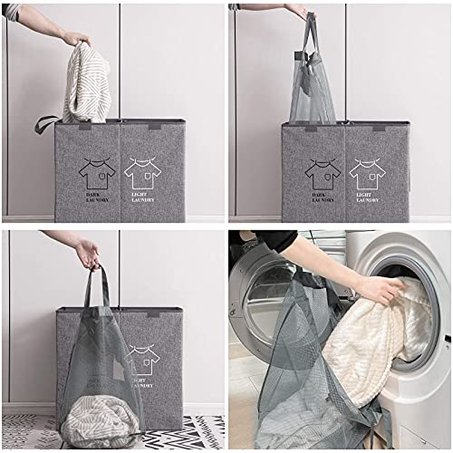 Techmilly Double Laundry Hamper With Lid, 140L Large Foldable Dirty Cloth Basket 2 Section With Removable Liners, Tall Divided Laundry Baskets With Handles For Bedroom, Closet, Bathroom - Grey #TOP5