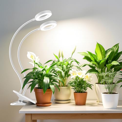 Wiaxulay Grow Lights for Indoor Plants, 96 LED Full Spectrum Halo Plant Grow Light with Clamp, Clip on Grow Lamp with Auto Timer 6/12/16 Hrs, 3 Lighting Mode, 5 Brightness, Two Head, White (3.5in)