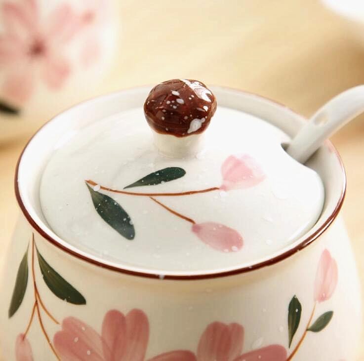 EatingBiting Ceramics Japanese Hand Painted Flower Flora Sugar Bowl Seasoning Sugar Salt Pepper Storage Jar with Lid And Spoon Sugar Storage Jar Seasoning Pot with Lid and Spoon for Home Kitchen