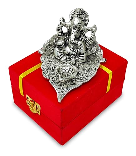 Image of BENGALEN Ganesh Statue Idol German Silver Ganesha on Leaf Diya Oil Lamp with Red Velvet Gift Box Pooja Items Diwali Decoration Puja Gifts Handmade Oil Lamp Traditional Indian Deepawali Gift Items
