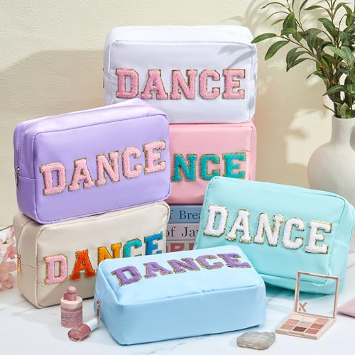 6 Pcs Dance Makeup Bag Cosmetic Bag with Chenille Letter Patches Waterproof Portable Cheerleader Toiletry Zipper Pouch for Girl Women Appreciation (Pastel Colors)3