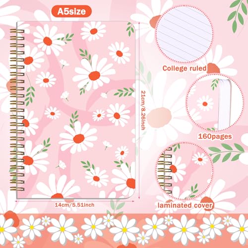 Image of Resurhang 6 Pack A5 Daisy Spiral Notebooks Preppy Journal Cute Aesthetic Hardcover Ruled Notebooks with Ballpoint Pens for Christmas Office School Day Prize Gifts, 5.5 x 8.3 Inch