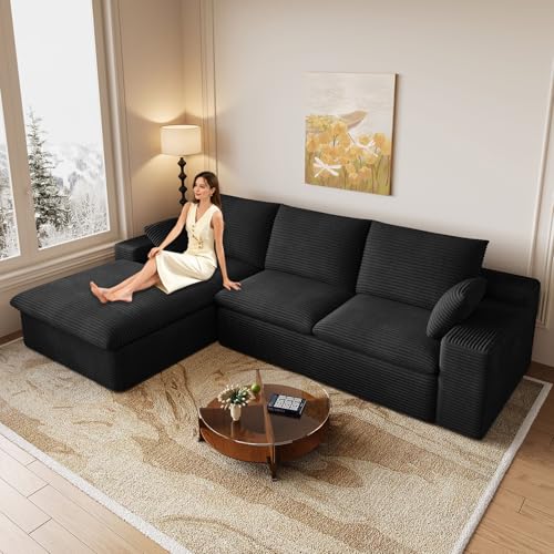 Image of 107 inch Cloud Couch Modular Sectional Sofa for Living Room, L-Shape Boneless Couch with Deep Seat, Modern Corduroy 3-Seater, No Assembly Required (Black,Left-Facing Chaise)