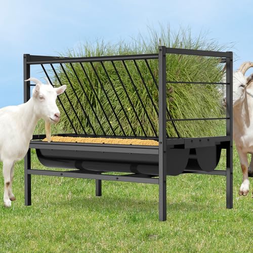 BREUAILY Grand RâTelier à Foin pour ChèVres 2 en 1 Mangeoire à Foin et à Grains RâTelier à Foin pour Chevaux en Acier Galvanisé pour ChèVre Moutons...