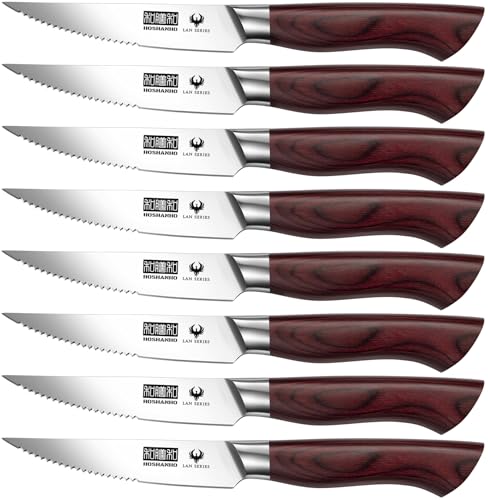 Comparison: Best Serrated Steak Knives 8 HOSHANHO Steak Knife Set 8 Pieces, 4.5 Inch Super Sharp High Carbon Stainless Steel Steak Knife Set, Professional Premium Serrated Precise Cutting with Ergonomic Wood Handle