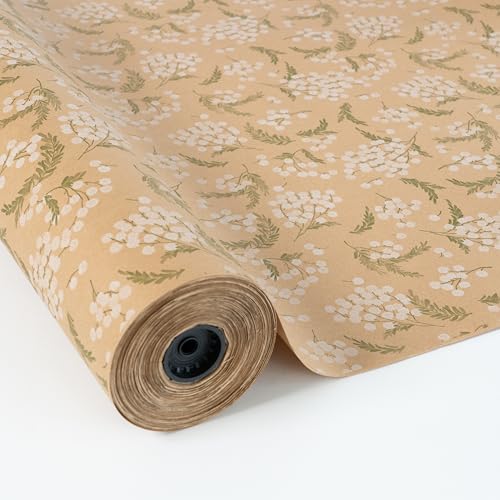 PAKOT | Rollo Papel Kraft Flores Mimosas Blancas   Bobina 70 cm x 50 m   Ideal para envolver flores y regalos
