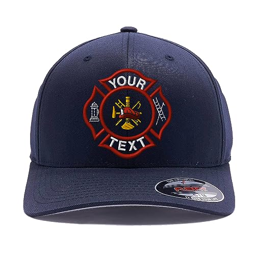 Custom Embroidered Firefighter hat. Flex Baseball 6277/6477 Baseball Cap. Firefighter Maltese Cross Flex Baseball hat (L/XL, Deep Navy)