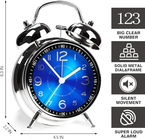 Image of Alarm Clock Analog Table Clock with Twin Bell Design and Numbered Dial, Desktop Timepiece (Metal Blue Silver Analog Clock)