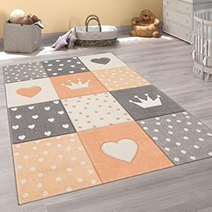 Vloerkleed Kinderkamer Stippen Harten Kroon Pastel Versch. Kleuren En Afmetingen, Maat:120×170 cm, Kleur:Oranje