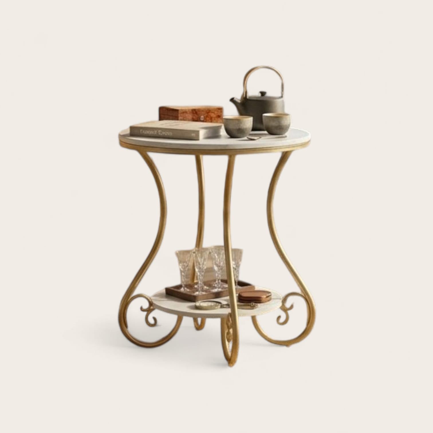 Side Table for Bedroom Iron and Engineered Wood Coffee Table | (Gold + White Marble Finish)-image-22