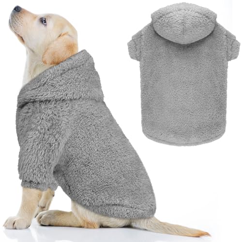 Fuzzy Dog Sweaters for Medium Dogs Dog Hoodie Soft Double-Sided Plush Fleece Pet Sweater Clothes Pet Coats Hoodie Sherpa Hooded Sweatshirt(Grey-M)