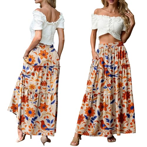 Image of Lepunuo Womens Casual Boho High Waisted Flowy Maxi Skirts Tiered Floral Long Skirts with Pockets for Summer Beach Vacation