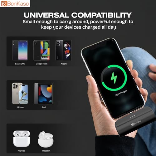 Image of BonKaso 5000mAh Mini Power Bank 15W PD Fast Charging, Built-in Type-C & i5 Cable, USB-C Input /Output, LED Indicator, Portable Charger with Mobile Stand for iPhone, Android - Black