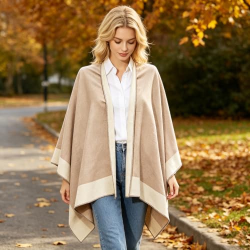 Image of Plaid Shawl Wrap for Women Boho Open Front Poncho Wrap Fall Winter