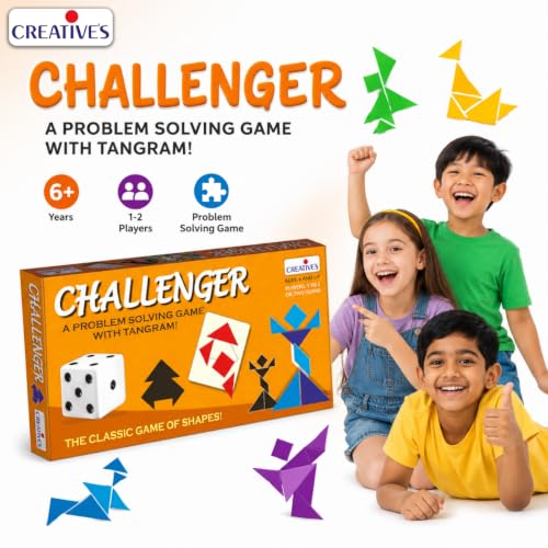 Image of Creative's Challenger, Tangram Problem Solving Board Games, 2 Sets 7-Piece Tangrams Two Difficulty Levels Play Cards Dice, Shapes Spatial Reasoning, Geometry Maths, Educational Toys, Ages 6+