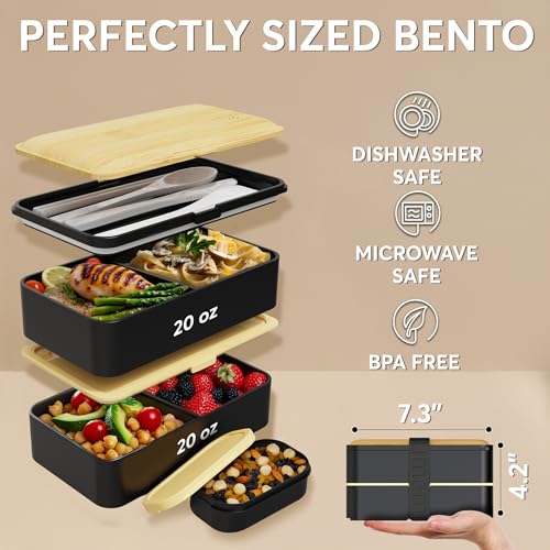 Image of Umami Bento Box Adult, Stackable Lunch Box, 40 oz, Black& Bamboo